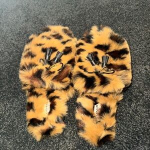 Coach Fuzzy Leopard Print Slippers